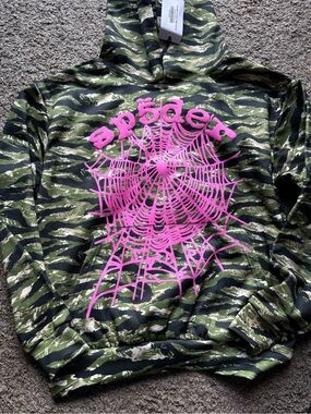 Green Camo Hoodie with Pink Spiderweb Graphic